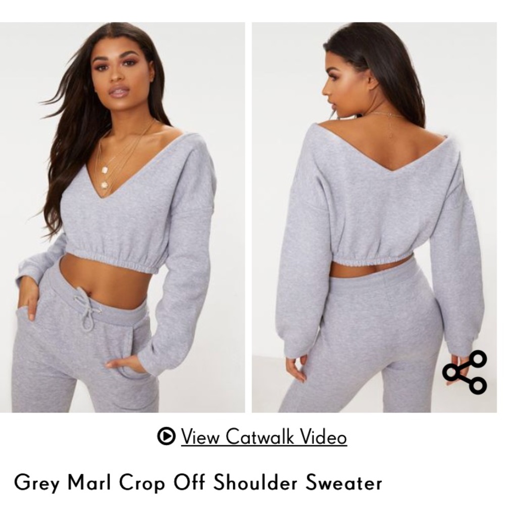 PrettyLittleThing Gray Crop Off Shoulder Sweater